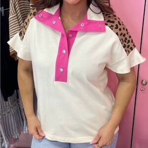 BiBi Cream Top with Hot Pink Placket and Leopard-Print Shoulders